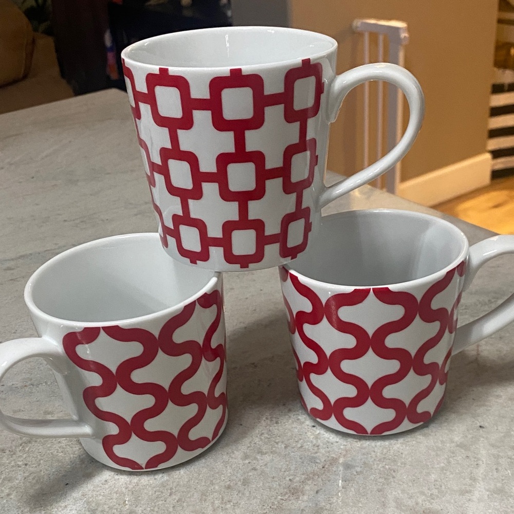 Crate&Barrel Red and White Patterned Mugs